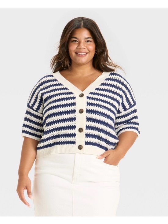 Universal Thread Sweaters - Universal Thread Navy and Cream Striped V-Neck Button Cardigan